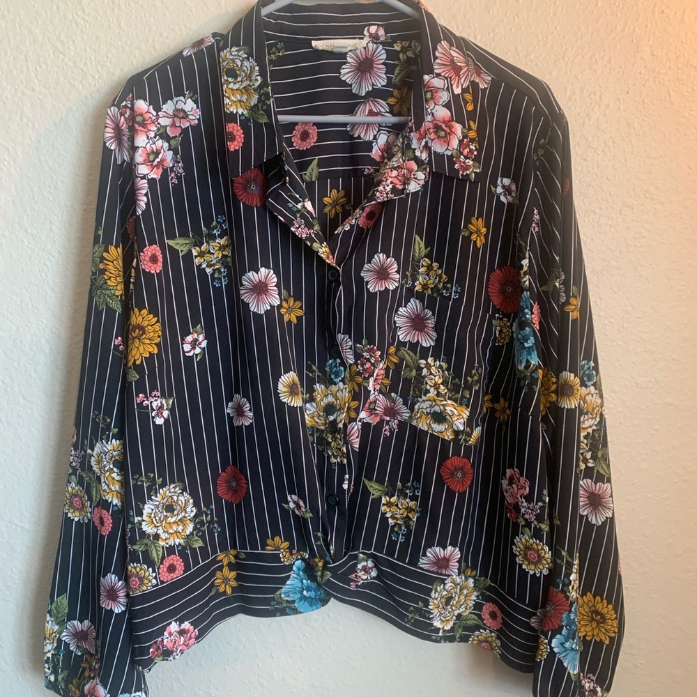 Loralette Floral Striped Button-Up Cropped Blouse